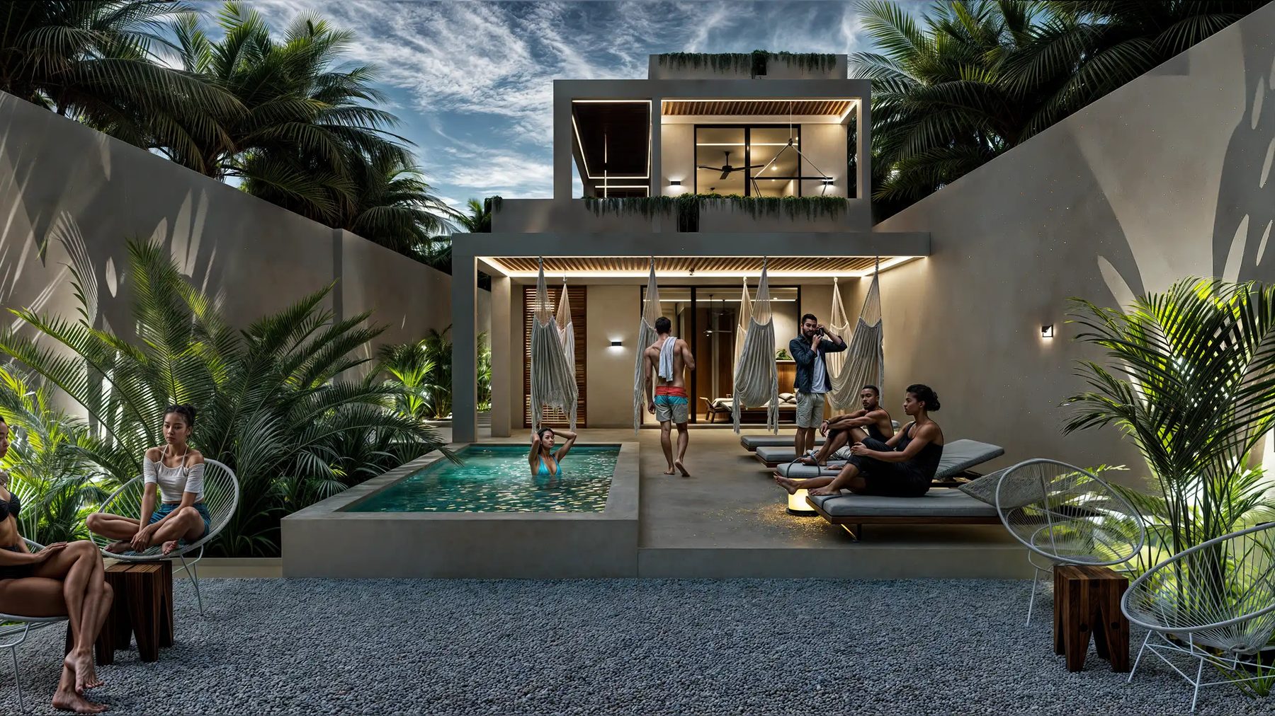 3D-Außenvisualisierung Sisal, Pool bei Nacht